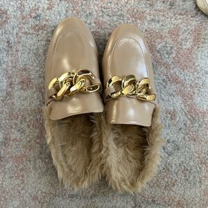 Tan Loafers with Gold Chain Detail